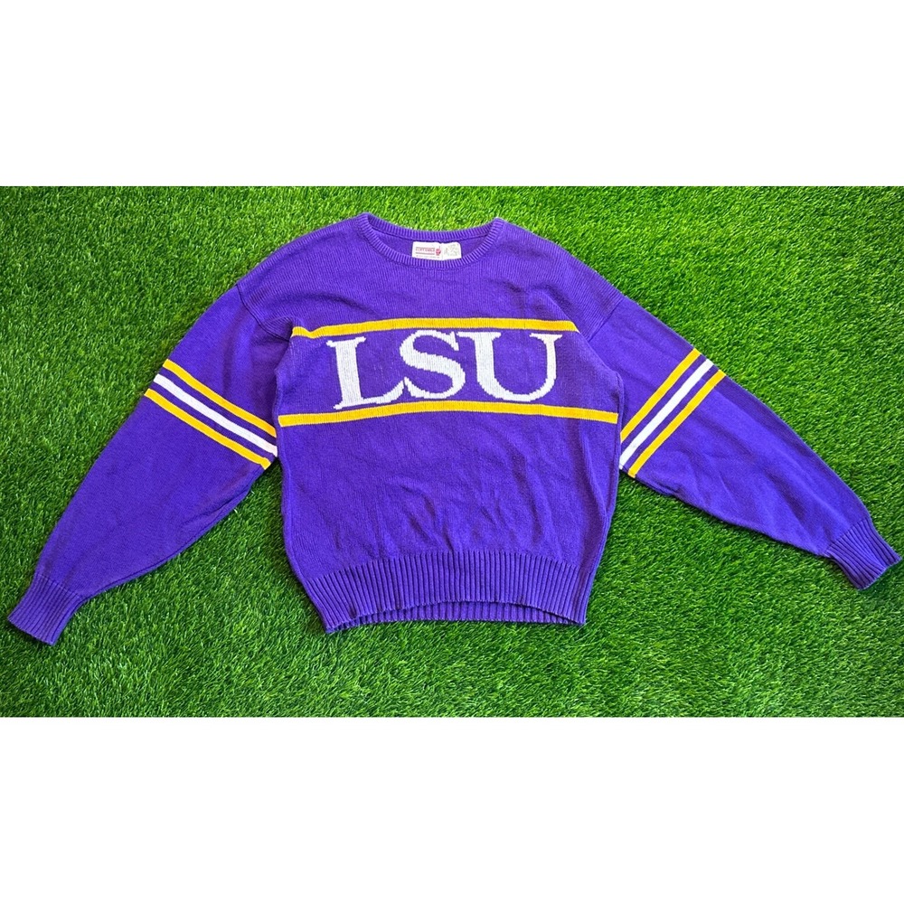 Vintage 1980's LSU TIGERS Cliff Engle Crew Neck Knit Sweater Made in USA Large‎